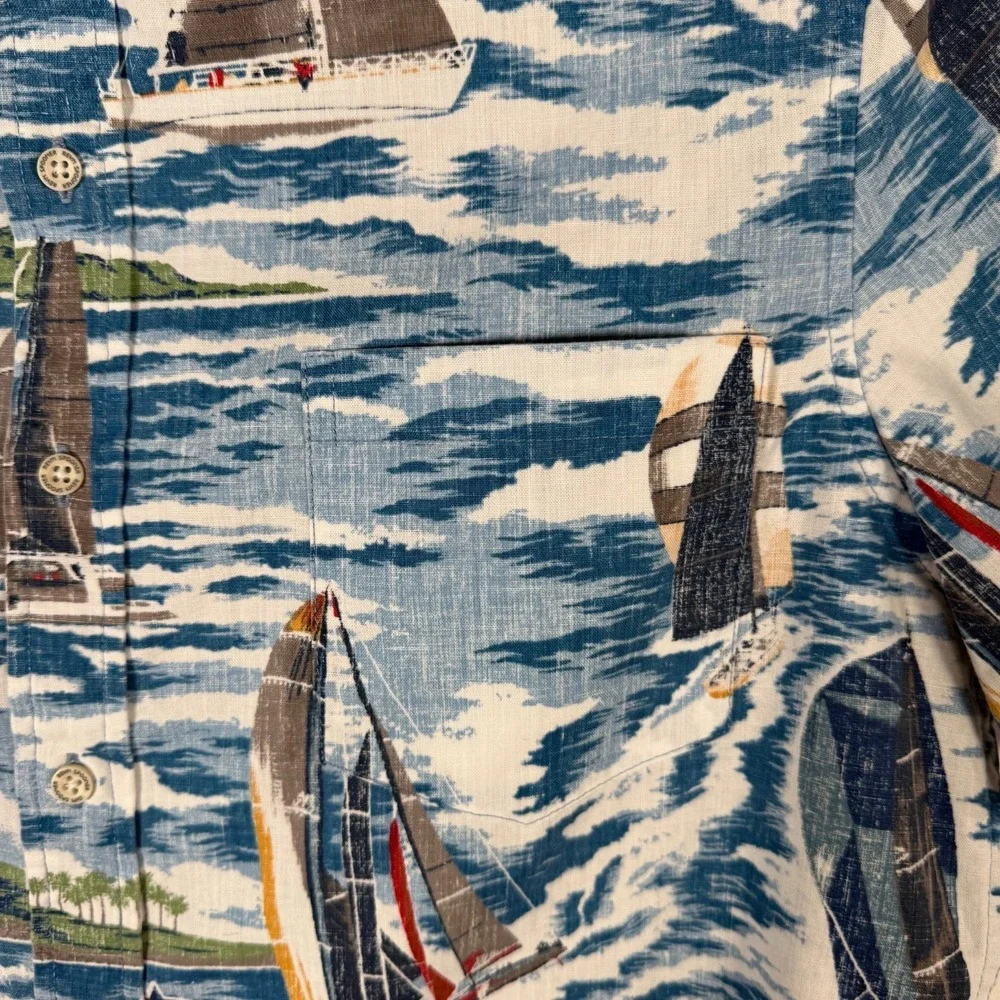 Reyn Spooner Shirt Mens Medium Blue Transpacific Yacht Race Hawaiian Camp